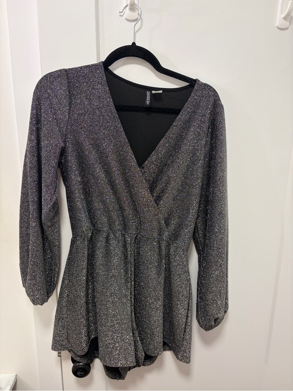 Divided Metallic Wrap-Front Romper - Black Silver